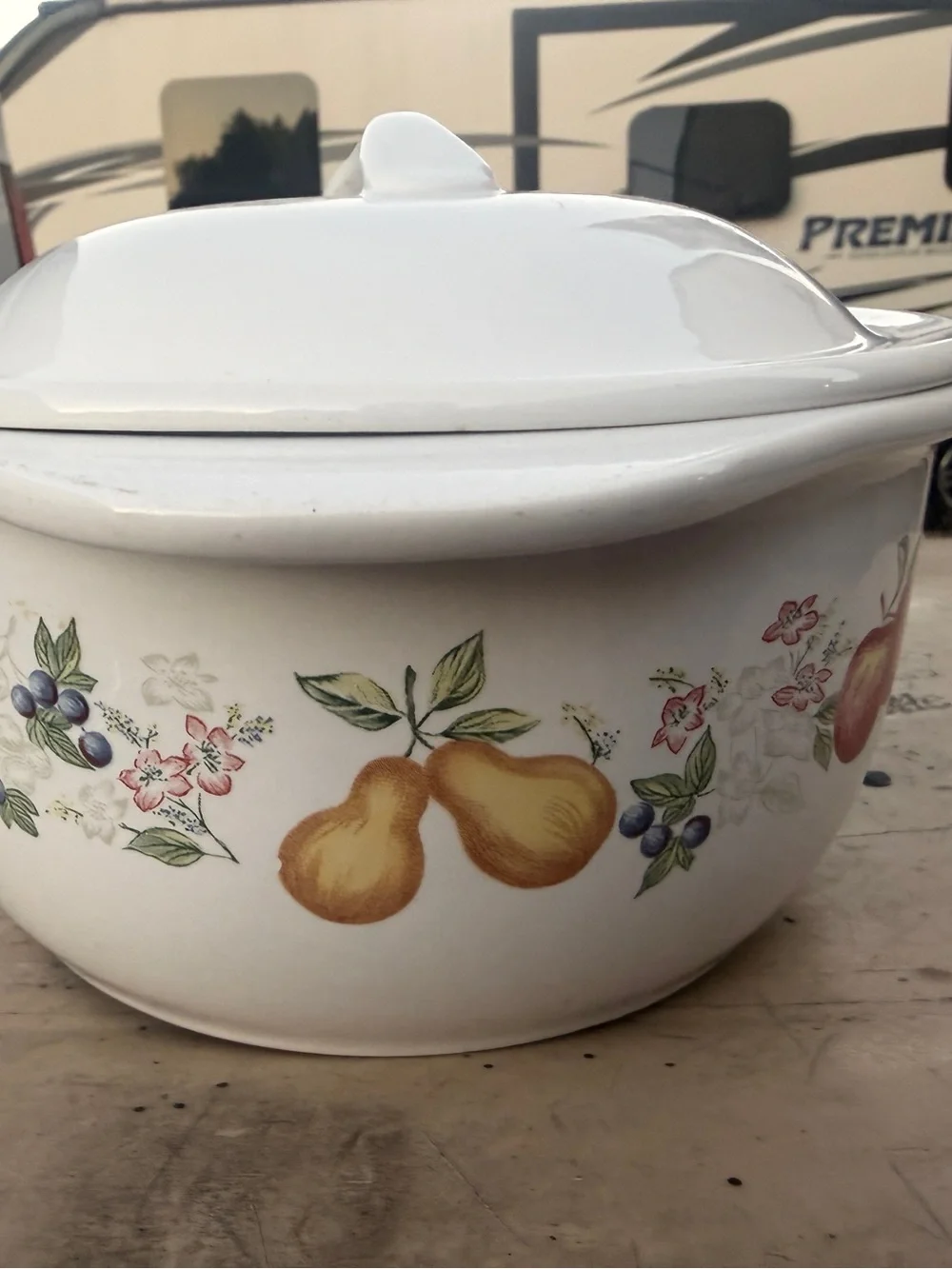 Corelle White Covered Casserole with Red Apples, Blue Grapes and Yellow Pear